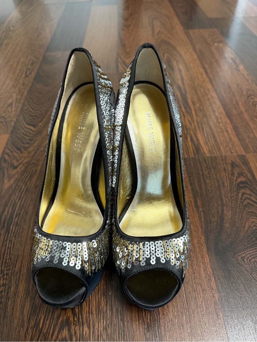 Nine West Black Peep-Toe Pumps with Silver Sequins